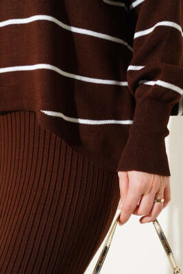 Çizgili Fitilli Jile Triko İkili Takım Kahve - Triko İkili Takım