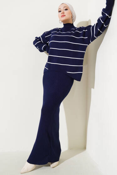 Çizgili Fitilli Jile Triko İkili Takım Lacivert - İkili Takım