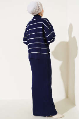 Çizgili Fitilli Jile Triko İkili Takım Lacivert - Triko İkili Takım