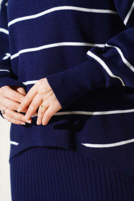 Çizgili Fitilli Jile Triko İkili Takım Lacivert - Triko İkili Takım