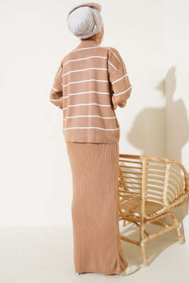 Çizgili Fitilli Jile Triko İkili Takım Latte - Triko İkili Takım