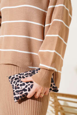 Çizgili Fitilli Jile Triko İkili Takım Latte - Triko İkili Takım