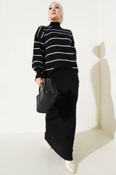 Çizgili Fitilli Jile Triko İkili Takım Siyah - İkili Takım