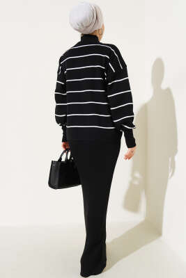 Çizgili Fitilli Jile Triko İkili Takım Siyah - Triko İkili Takım