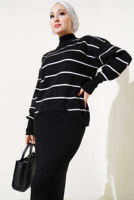 Çizgili Fitilli Jile Triko İkili Takım Siyah - Triko İkili Takım