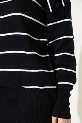 Çizgili Fitilli Jile Triko İkili Takım Siyah - Triko İkili Takım