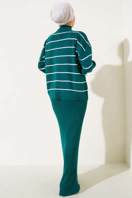 Çizgili Fitilli Jile Triko İkili Takım Zümrüt - Triko İkili Takım