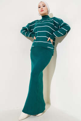 Çizgili Fitilli Jile Triko İkili Takım Zümrüt 