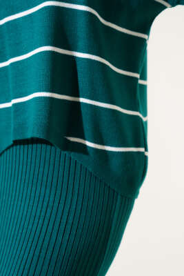 Çizgili Fitilli Jile Triko İkili Takım Zümrüt - Triko İkili Takım