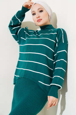 Çizgili Fitilli Jile Triko İkili Takım Zümrüt - Triko İkili Takım