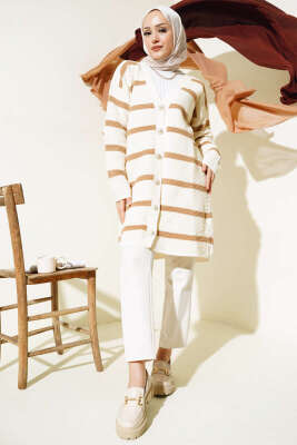 Çizgili Fitilli Salaş Triko Hırka Bej - Triko Hırka