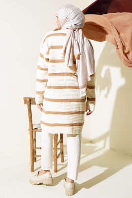 Çizgili Fitilli Salaş Triko Hırka Bej - Triko Hırka