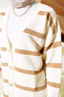 Çizgili Fitilli Salaş Triko Hırka Bej - Triko Hırka