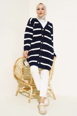 Çizgili Fitilli Salaş Triko Hırka Lacivert - Triko Hırka