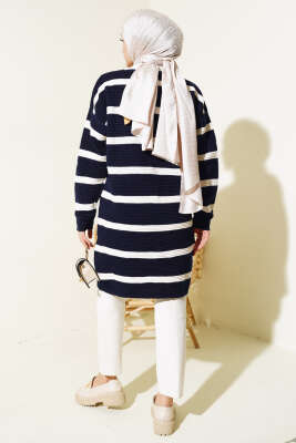 Çizgili Fitilli Salaş Triko Hırka Lacivert - Triko Hırka