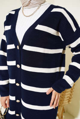 Çizgili Fitilli Salaş Triko Hırka Lacivert - Triko Hırka