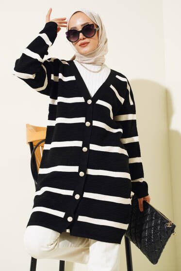 Çizgili Fitilli Salaş Triko Hırka Siyah - Hırka