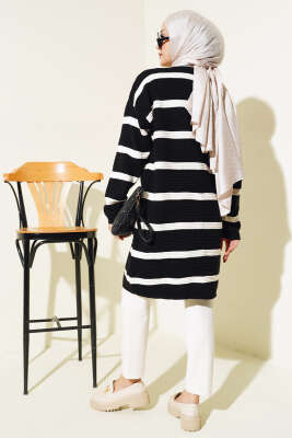 Çizgili Fitilli Salaş Triko Hırka Siyah - Triko Hırka