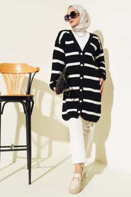 Çizgili Fitilli Salaş Triko Hırka Siyah - Triko Hırka