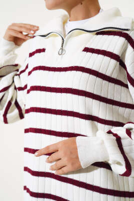 Çizgili Fitilli Yakası Fermuarlı Triko Tunik Bordo - Triko Tunik