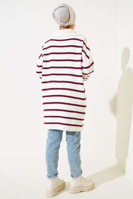 Çizgili Fitilli Yakası Fermuarlı Triko Tunik Bordo - Triko Tunik