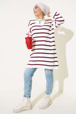 Çizgili Fitilli Yakası Fermuarlı Triko Tunik Bordo - Triko Tunik