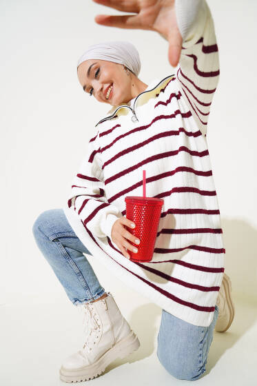 Çizgili Fitilli Yakası Fermuarlı Triko Tunik Bordo - Tunik