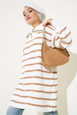 Çizgili Fitilli Yakası Fermuarlı Triko Tunik Büsküvi - Triko Tunik