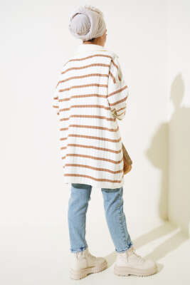 Çizgili Fitilli Yakası Fermuarlı Triko Tunik Büsküvi - Triko Tunik