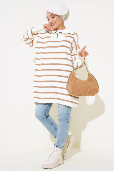 Çizgili Fitilli Yakası Fermuarlı Triko Tunik Büsküvi - Tunik