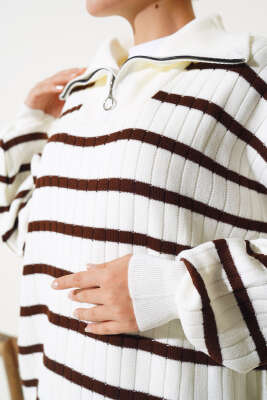 Çizgili Fitilli Yakası Fermuarlı Triko Tunik Kahve - Triko Tunik