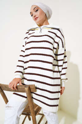 Çizgili Fitilli Yakası Fermuarlı Triko Tunik Kahve 