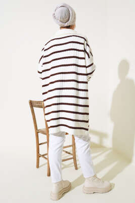 Çizgili Fitilli Yakası Fermuarlı Triko Tunik Kahve - Triko Tunik