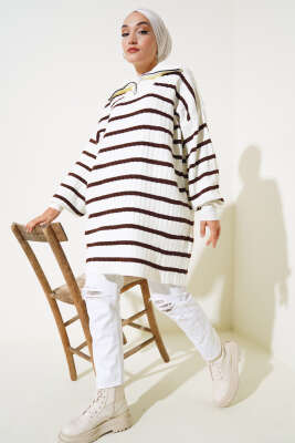 Çizgili Fitilli Yakası Fermuarlı Triko Tunik Kahve - Triko Tunik