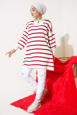 Çizgili Fitilli Yakası Fermuarlı Triko Tunik Kırmızı - Triko Tunik