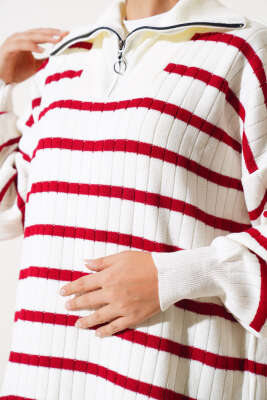 Çizgili Fitilli Yakası Fermuarlı Triko Tunik Kırmızı - Triko Tunik