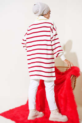 Çizgili Fitilli Yakası Fermuarlı Triko Tunik Kırmızı - Triko Tunik