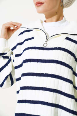 Çizgili Fitilli Yakası Fermuarlı Triko Tunik Lacivert - Triko Tunik