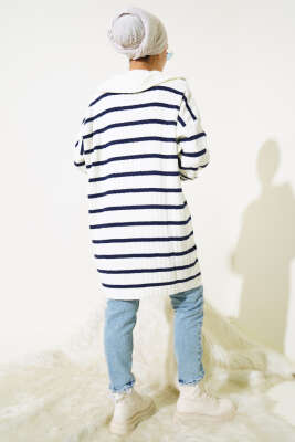 Çizgili Fitilli Yakası Fermuarlı Triko Tunik Lacivert - Triko Tunik