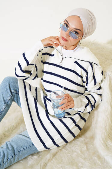 Çizgili Fitilli Yakası Fermuarlı Triko Tunik Lacivert - Tunik