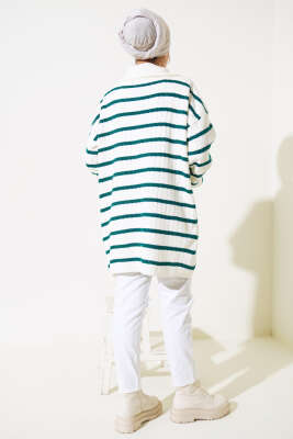 Çizgili Fitilli Yakası Fermuarlı Triko Tunik Nefti - Triko Tunik