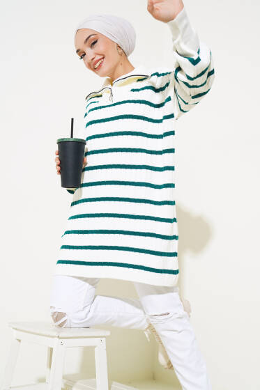 Çizgili Fitilli Yakası Fermuarlı Triko Tunik Nefti - Tunik