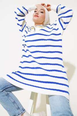 Çizgili Fitilli Yakası Fermuarlı Triko Tunik Saks 