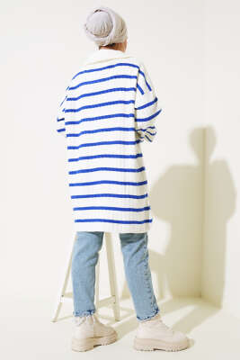 Çizgili Fitilli Yakası Fermuarlı Triko Tunik Saks - Triko Tunik