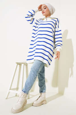 Çizgili Fitilli Yakası Fermuarlı Triko Tunik Saks - Triko Tunik