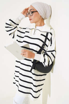 Çizgili Fitilli Yakası Fermuarlı Triko Tunik Siyah 