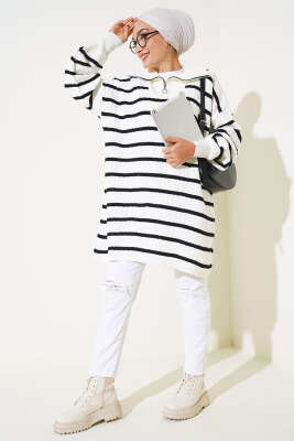 Çizgili Fitilli Yakası Fermuarlı Triko Tunik Siyah - Triko Tunik