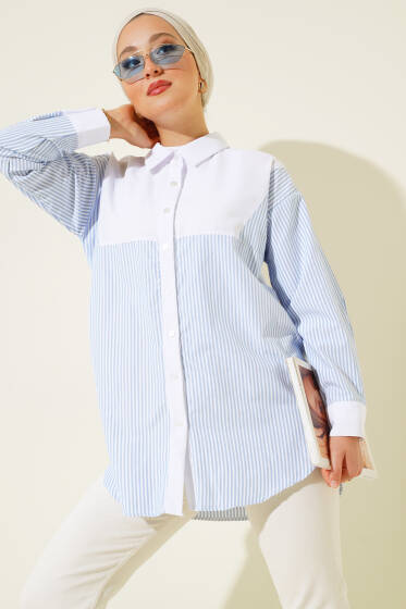 Çizgili Garnili Gömlek Buz Mavisi - Gömlek