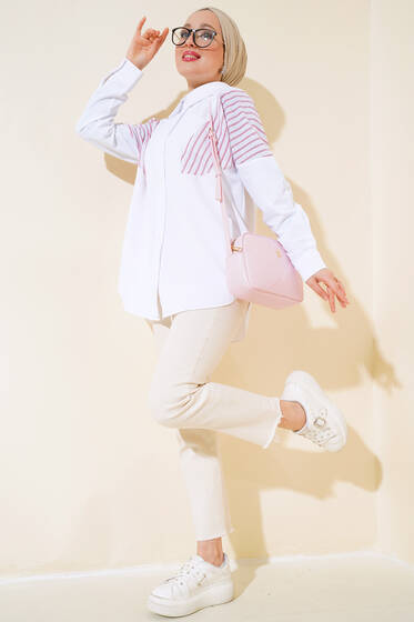 Çizgili Garnili Gömlek Kırmızı - Gömlek