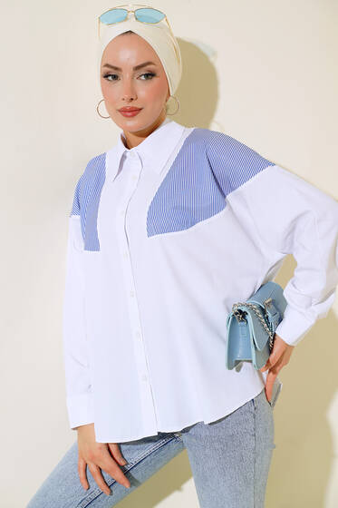 Çizgili Garnili Oversize Gömlek Beyaz - Gömlek